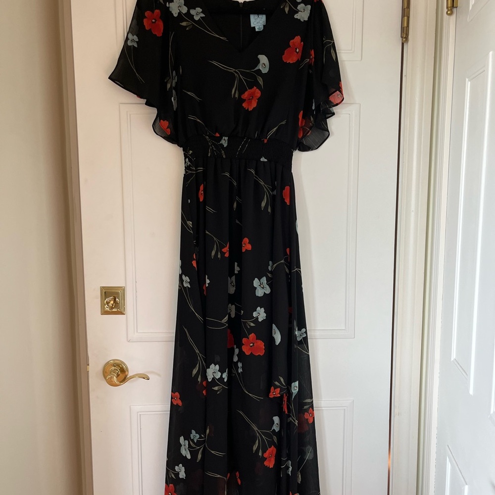 Flowy Floral Black Maxi Dress with Red and Blue Floral Pattern